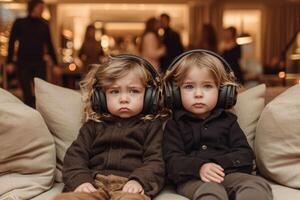 AI generated Two sad children are sitting on the couch with headphones on against the background of their parents' party photo