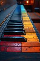 AI generated Close-up of the colorful keys of an old piano photo