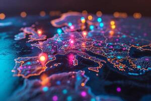 AI generated Macro photography of placemarks over the main capitals of the European continent. A map of Europe in neon light with markers. 3d illustration photo