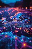 AI generated Macro photography of placemarks over the main capitals of the European continent. A map of Europe in neon light with markers. 3d illustration photo