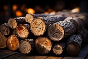 AI generated The chopped logs are in a stack. A wall of firewood, a background of dry chopped firewood photo