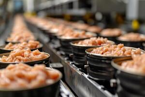 AI generated Production of canned fish. Tin cans of fish on the conveyor photo