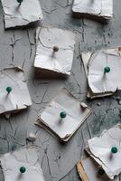 AI generated Blank sheets of paper pressed against the wall with buttons. Place for the inscription photo