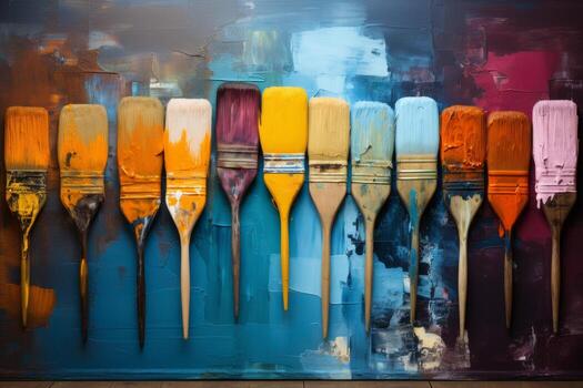ai generado artístico cepillos manchado en pintar en un antecedentes cubierto con multicolor petróleo pinturas foto