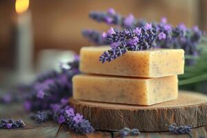 ai generado hecho a mano jabón mentiras en un mesa con lavanda flores, un ramo de flores de lavanda en un de madera mesa foto