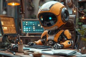 AI generated A robot working at a computer in the room. The IT team of the future. Futuristic worker photo