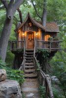 AI generated Cute little tree house for kids in the forest photo