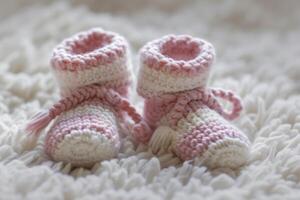 AI generated knitted children's shoes made of natural wool, handmade. Warmth and comfort for newborns photo