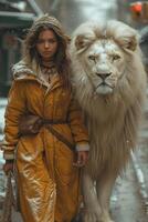 AI generated Beautiful fashionable young woman with a beautiful big lion photo