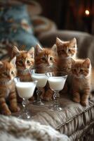 AI generated Red kittens are sitting on the couch with milkshakes photo