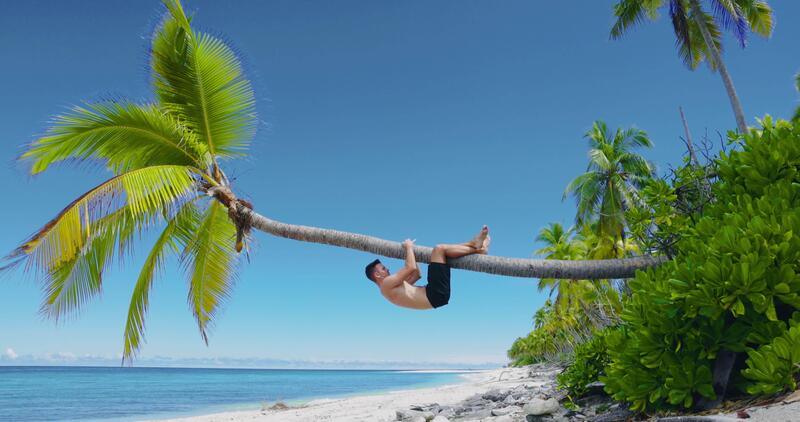 Young man shirtless relaxing on the beach and climbs a coconut palm tree. Slim man on paradise beach 39901397 Stock Video at Vecteezy