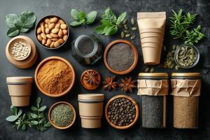 AI generated eco-friendly disposable tableware made of paper and wood with spices on a black background. the concept of recycling photo