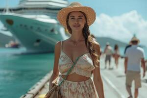 ai generado un niña en un sombrero en pie en frente de un grande crucero barco. mar viaje foto