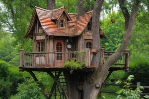 ai generado linda pequeño árbol casa para niños en el bosque foto