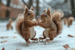 AI generated Two happy squirrels are skating in a winter lake in the forest. 3d illustration photo