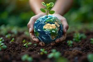 AI generated Close-up of a man's hands holding a globe of the earth. Earth Day Concept Save the World save the environment photo