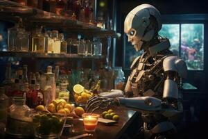 AI generated Club service automation. Robot barman at the workplace photo