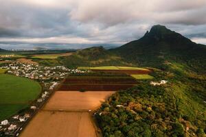 Bird's eye view of beautiful fields Islands of Mauritius and mountains photo