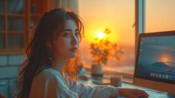 AI generated Portrait of a young girl working at home at a computer by the window at sunset. The concept of a freelancer photo