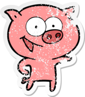 distressed sticker of a cheerful pig cartoon png