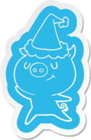 adesivo de desenho animado feliz de um porco usando chapéu de papai noel png