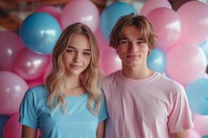 ai generado un joven Pareja en un antecedentes de rosado y azul globos género fiesta foto