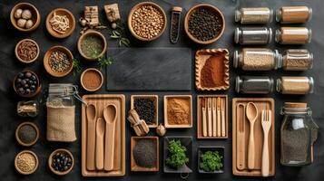 AI generated eco-friendly disposable tableware made of paper and wood with spices on a black background. the concept of recycling photo