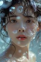 ai generado asiático muchachas cara en jabón jabonaduras y burbujas en azul foto