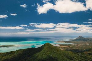 Bird's-eye view of the mountains and fields of the island of Mauritius.Landscapes Of Mauritius. photo