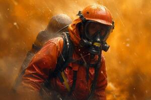 AI generated A firefighter is looking for survivors of the fire. Saving people photo