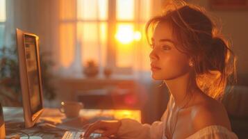 AI generated Portrait of a young girl working at home at a computer by the window at sunset. The concept of a freelancer photo