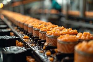 AI generated Production of canned fish. Tin cans of fish on the conveyor photo
