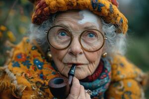 AI generated A fashionable elderly woman smokes a pipe on the street in autumn photo