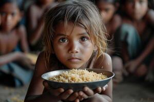 ai generado pequeño asiático hambriento niño con un plato de comida fuera de foto