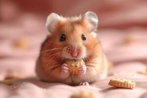 AI generated Hungry pet hamster eats cookies indoors photo