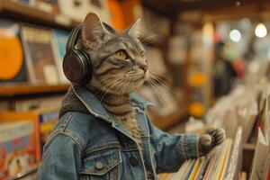 ai generado un gato con auriculares en un música Tienda foto