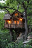 AI generated Cute little tree house for kids in the forest photo