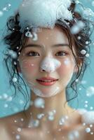 AI generated Asian girl's face in soap suds and bubbles on blue photo