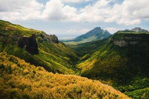 Mountain Landscape of the gorge on the island of Mauritius, Green mountains of the jungle of Mauritius photo