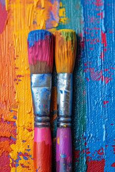 ai generado artístico cepillos manchado en pintar en un antecedentes cubierto con multicolor petróleo pinturas foto