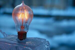 AI generated An ordinary incandescent light bulb stands outside in winter and burns photo