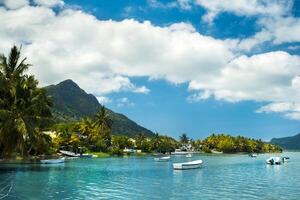 ver de el montaña en le morne brabante y el bahía con barcos en el isla de Mauricio en el indio Oceano foto