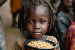 ai generado un pequeño africano hambriento niño con un plato de comida en África foto