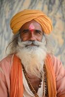 ai generado un mayor indio hombre en el calle en tradicional ropa foto