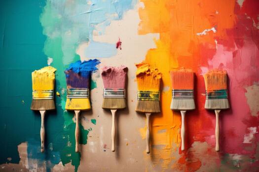 ai generado artístico cepillos manchado en pintar en un antecedentes cubierto con multicolor petróleo pinturas foto