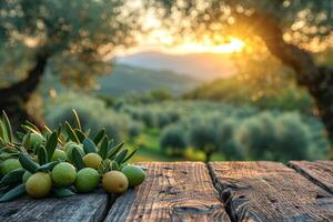 ai generado todavía vida con verde aceitunas en un mesa en un aceituna arboleda foto