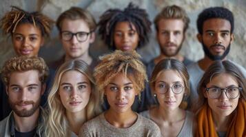 AI generated Portrait of a creative business team standing together and laughing. A group of cheerful people of different nationalities photo