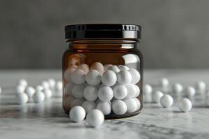 AI generated white capsules for medicines or food additives in a transparent plastic bottle are on the table. photo