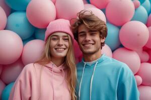 AI generated A young couple on a background of pink and blue balloons. Gender party photo