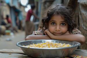 AI generated Little asian hungry child with a plate of food outside photo